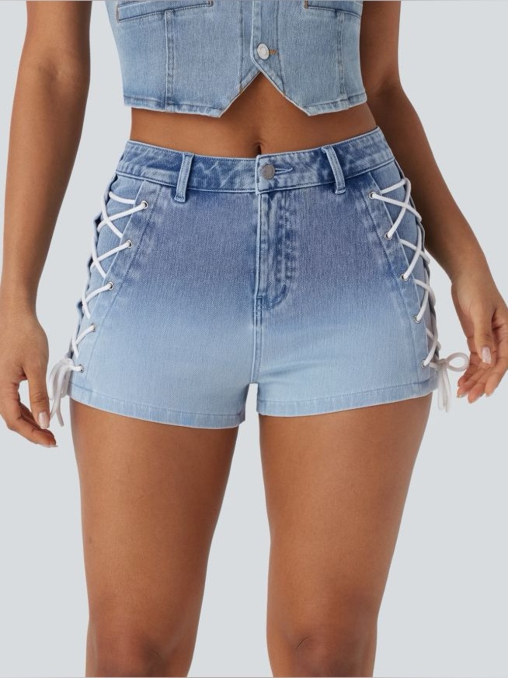 Halara Flex™ Mid Rise Lace Up Gradient Denim Casual Shorts 2” Blue Size M NWT - Picture 2 of 6